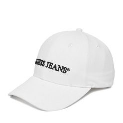 Czapka z daszkiem Guess Jeans. Białe czapki z daszkiem Guess Jeans, z aplikacjami, z jeansu. Za 99.99 zł.