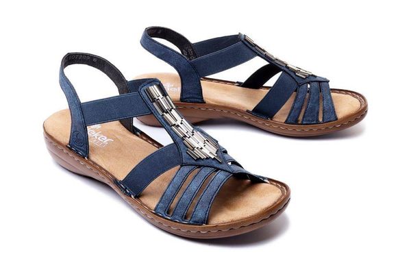 RIEKER 60800-14 blue, sandały damskie. Niebieskie sandały Rieker, bez wzorów, bez obcasa, na koturnie, bez zapięcia. Za 299.90 zł.