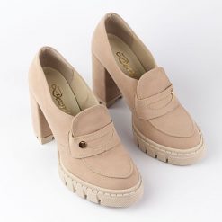 Beżowe nubuk Polskie mokasyny damskie na słupku, loafersy Deoni D207k. Brązowe mokasyny Deoni, bez wzorów, z nubiku. Za 299.00 zł.