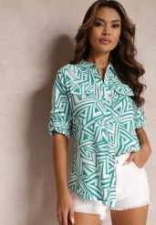 Zielono-Biała Koszula z Wiskozy w Geometryczny Print Jacelyn. Zielone koszule Renee, l, bez wzorów, z jeansu, eleganckie, bez kołnierzyka, bez ramiączek. W wyprzedaży za 43.99 zł.