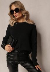 Czarny Dzianinowy Sweter z Okrągłym Dekoltem Aissorne. Czarne swetry Renee, na zimę, bez wzorów, z dzianiny, casualowe, bez ramiączek. W wyprzedaży za 63.99 zł.
