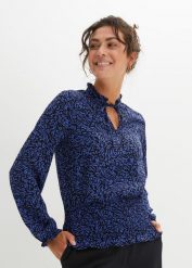 Bluzka z przeszyciem cienkimi gumkami. Niebieskie bluzki bonprix, bez wzorów, bez kołnierzyka, bez ramiączek. Za 54.99 zł.