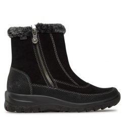 Botki Rieker. Czarne botki Rieker, bez wzorów, bez obcasa, na płaskiej podeszwie, bez zapięcia. Za 219.99 zł.