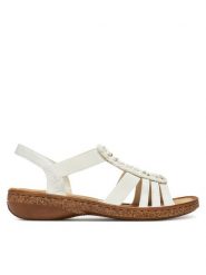Rieker Sandały 62809-60 Biały. Białe sandały Rieker, bez wzorów, z syntetyku, bez obcasa, na płaskiej podeszwie, bez zapięcia. Za 299.99 zł.