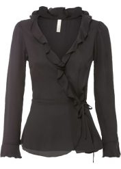 Bluzka szyfonowa kopertowa. Czarne bluzki bonprix, bez wzorów, z szyfonu, eleganckie, bez kołnierzyka, bez ramiączek. Za 109.99 zł.