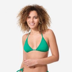 Góra kostiumu kąpielowego surfingowego damska Olaian Mae. Zielone bikini OLAIAN, bez wzorów, z elastanu, sportowe. Za 19.99 zł.