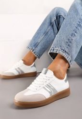 Biało-Srebrne Sneakersy Tenisówki na Kauczukowej Podeszwie Alleia. Białe trampki Born2be, bez wzorów, z jeansu, eleganckie, bez zapięcia. W wyprzedaży za 93.49 zł.