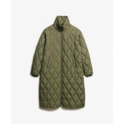 Damska kurtka puchowa Superdry Superlong Liner. Zielone kurtki Superdry, bez wzorów, z materiału, eleganckie, bez kaptura. Za 633.40 zł.