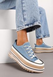 Niebieskie Trampki na Grubej Podeszwie przed Kostkę Aneerla. Niebieskie trampki Born2be, bez wzorów, z jeansu, eleganckie, przed kostkę, bez zapięcia. W wyprzedaży za 84.99 zł.