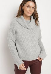 Jasnoszary Golf z Domieszką Wełny i Szerokim Kołnierzem Pativra. Szare swetry Born2be, bez wzorów, z jeansu, eleganckie, bez ramiączek. W wyprzedaży za 135.99 zł.