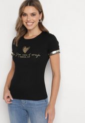 Czarny Bawełniany T-shirt Ozdobiony Cyrkoniami Arilian. Czarne t-shirty Born2be, m, bez wzorów, z bawełny, eleganckie, bez kołnierzyka, bez ramiączek. Za 99.99 zł.