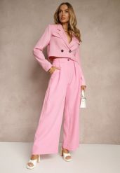 Różowe Szerokie Spodnie High Waist o Garniturowym Kroju z Zakładkami Uliadorea. Czerwone jeansy Renee, bez wzorów, z jeansu, eleganckie, z podwyższonym stanem. W wyprzedaży za 80.99 zł.