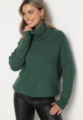 Ciemnozielony Golf o Klasycznym Kroju z Kaszmirem Azifra. Zielone swetry Born2be, uniwersalny, z aplikacjami, z jeansu, biznesowe, bez ramiączek. Za 139.99 zł.