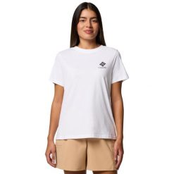 T-shirt sportowy z krótkim rękawem damski Rolling Bend Graphic SS Tee. Białe t-shirty sportowe Columbia, xl, bez wzorów, z bawełny, bez ramiączek, do biegania. Za 99.99 zł.