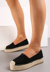 Czarne Wsuwane Espadryle na Grubej Podeszwie z Jutowej Plecionki Alarnia. Czarne espadryle Renee, bez wzorów, z jeansu, eleganckie, bez obcasa. W wyprzedaży za 50.99 zł.