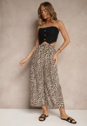 Czarno-Beżowe Spodnie Wide Leg z Gumką w Talii w Panterkowy Wzór Filanira. Czarne jeansy Renee, bez wzorów, z jeansu, eleganckie. W wyprzedaży za 27.99 zł.