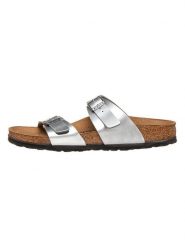 Birkenstock Klapki "Sydney" w kolorze srebrnym rozmiar: 35. Szare klapki Birkenstock, bez wzorów, klasyczne, z otwartym noskiem, bez obcasa, bez zapięcia. Za 209.45 zł.