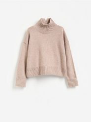 Wełniany sweter - beżowy. Brązowe swetry Reserved, l, bez wzorów, z dzianiny, bez ramiączek. Za 259.99 zł.
