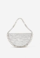 Srebrna Torebka Wieczorowa z Rączką Zdobiona Biżuteryjnymi Cyrkoniami Danollie. Szare torebki klasyczne Born2be, z aplikacjami, z satyny, eleganckie, małe, zdobione, bez dodatków. Za 99.99 zł.