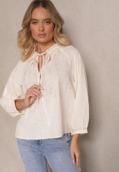 Beżowa Haftowana Bluzka z Bawełny z Wiązaniem Emvivia. Brązowe bluzki Renee, m, bez wzorów, z bawełny, eleganckie, bez kołnierzyka, bez ramiączek. W wyprzedaży za 87.99 zł.