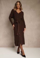 Brązowa Prążkowana Sukienka Dzianinowa z Domieszką Wełny Zapinana na Guziki Nalemma. Brązowe sukienki Renee, na co dzień, l, bez wzorów, z dzianiny, sportowe, bez kołnierzyka, bez ramiączek, midi, dopasowane. Za 179.99 zł.