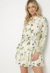Zielona Rozkloszowana Sukienka z Wiskozy z Paskiem w Abstrakcyjny Wzór Stelitte. Zielone sukienki Born2be, na co dzień, l, bez wzorów, z jeansu, eleganckie, bez kołnierzyka, bez ramiączek, mini, rozkloszowane. Za 119.99 zł.