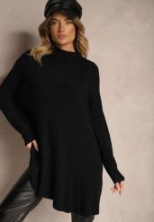 Czarny Asymetryczny Golf z Wiskozą z Rękawami o Nietoperzowym Kroju Realeen. Czarne swetry Renee, bez wzorów, z jeansu, eleganckie, bez ramiączek. W wyprzedaży za 79.99 zł.