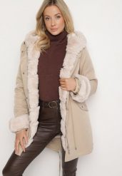 Ciemnobeżowa Kurtka Parka z Futerkiem Koni. Brązowe kurtki Born2be, xl, bez wzorów, z futra. W wyprzedaży za 101.99 zł.