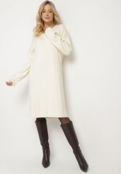 Jasnobeżowa Sukienka z Wełną i Bawełną o Kroju Oversize Ilavara. Brązowe sukienki Born2be, l, bez wzorów, z bawełny, wizytowe, bez kołnierzyka, bez ramiączek, midi, oversize. W wyprzedaży za 52.49 zł.
