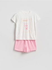 Bawełniana piżama z nadrukiem - różowy. Czerwone piżamy Reserved, l, bez wzorów, z bawełny, bez kołnierzyka, bez ramiączek. Za 79.99 zł.