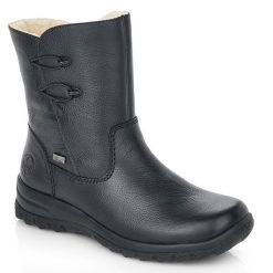 Wodoodporne skórzane botki damskie komfortowe czarne Rieker Z7172-00. Czarne botki Rieker, bez wzorów, ze skóry, bez obcasa, bez zapięcia. Za 399.00 zł.