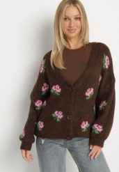Brązowy Kardigan Oversize z Domieszką Wełny w Kwiatowy Wzór Nelenea. Brązowe swetry Born2be, bez wzorów, z jeansu, bez ramiączek. Za 169.99 zł.