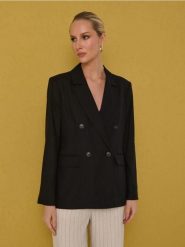 Wiskozowa marynarka dwurzędowa regular fit z domieszką lnu - czarny. Czarne marynarki i żakiety Sinsay, l, bez wzorów, z wiskozy, bez ramiączek. Za 79.99 zł.