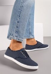 Granatowe Sznurowane Tenisówki na Płaskiej Podeszwie z Materiału w Kropki Harnisa. Niebieskie trampki Renee, bez wzorów, bez zapięcia. W wyprzedaży za 39.99 zł.