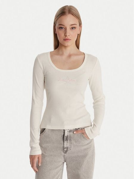 Guess Jeans Bluzka W6RP24 KA0H1 Écru Slim Fit. Białe bluzki Guess Jeans, xxl, z aplikacjami, z bawełny, bez kołnierzyka, bez ramiączek. Za 189.99 zł.