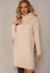 Beżowa Mini Sukienka ze Sweterkowej Dzianiny z Szerokim Golfem i Ściągaczami Jilenma. Brązowe sukienki Renee, m, bez wzorów, z dzianiny, bez kołnierzyka, bez ramiączek, mini. W wyprzedaży za 95.99 zł.