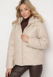 Beżowa Pikowana Kurtka z Imitacji Skóry z Kapturem i Kieszeniami Lavedi. Brązowe kurtki Born2be, l, bez wzorów, z dzianiny, eleganckie, z kapturem. Za 129.99 zł.