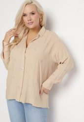 Beżowa Koszula Bawełniana w Hafty Liście Tleffia. Brązowe koszule Born2be, xl, bez wzorów, z bawełny, eleganckie, bez kołnierzyka, bez ramiączek. W wyprzedaży za 93.49 zł.