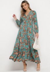 Ciemnozielona Sukienka Anastolea. Zielone sukienki Born2be, l, z aplikacjami, boho, bez kołnierzyka, bez ramiączek, maxi, kopertowe. W wyprzedaży za 110.49 zł.