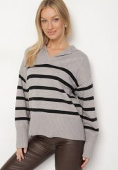 Czarno-Szary Sweter Ozdobiony Paskami i Kołnierzykiem Arsena. Czarne swetry Born2be, s, bez wzorów, z jeansu, biznesowe, bez ramiączek. Za 99.99 zł.