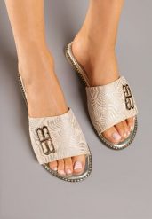 Beżowe Klapki z Metaliczną Klamerką i Wkładką ze Skóry Naturalnej Liravan. Brązowe klapki Renee, z aplikacjami, ze skóry, eleganckie, bez obcasa, na płaskiej podeszwie, bez zapięcia. Za 109.99 zł.