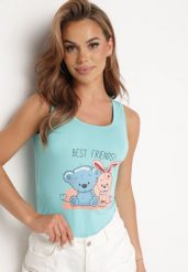 Jasnoniebieski Top z Elastycznej Bawełny z Uroczym Nadrukiem z Przodu Iviolia. Niebieskie topy Born2be, m, bez wzorów, z bawełny, klasyczne, bez kołnierzyka, bez ramiączek. Za 39.99 zł.