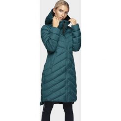 Płaszcz puchowy damski KUDP214 - morska zieleń. Zielone płaszcze 4f, bez wzorów, z puchu, bez kaptura. Za 349.99 zł.