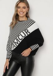 Biało-Czarny Asymetryczny Sweter w Paski z Rękawami Typu Nietoperz Riasira. Białe swetry Born2be, l, bez wzorów, z jeansu, eleganckie, bez ramiączek. Za 69.99 zł.