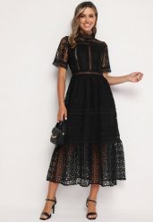 Czarna Maxi Sukienka Rozkloszowana w Ażurowy Wzór z Falbanką Raviletta. Czarne sukienki Born2be, na plażę, s, w ażurowe wzory, boho, bez kołnierzyka, bez ramiączek, maxi, rozkloszowane. W wyprzedaży za 135.99 zł.