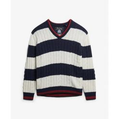 Sweter oversize w prążki z dekoltem V dla kobiet Superdry. Niebieskie swetry Superdry, na zimę, bez wzorów, eleganckie, bez ramiączek. Za 327.70 zł.