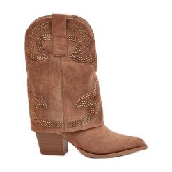 Zdobione Kozaki Kowbojki Do Połowy Łydki Na Słupku S.Barski HY42-153 Camel beżowy. Brązowe kozaki z aplikacjami, eleganckie, bez obcasa, na słupku, bez zapięcia. Za 309.19 zł.