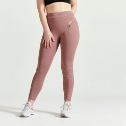 Legginsy fitness damskie Domyos. Brązowe legginsy DOMYOS, bez wzorów, z materiału, długie. Za 69.99 zł.