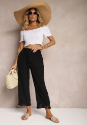 Czarne Szerokie Spodnie High Waist z Gumką w Pasie Jolfea. Czarne jeansy Renee, bez wzorów, z jeansu, eleganckie, z podwyższonym stanem. W wyprzedaży za 39.99 zł.