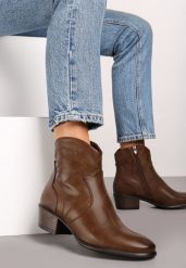 Brązowe Botki Typu Kowbojki na Obcasie z Krótką Cholewką Zinoreta. Brązowe botki Renee, bez wzorów, z dzianiny, eleganckie, bez obcasa, na obcasie, bez zapięcia. W wyprzedaży za 90.99 zł.